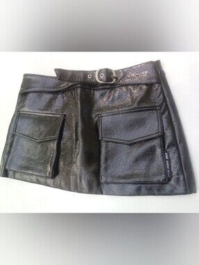 Ann Andelman Cargo Pocket Belted Short Leather Skirt Black